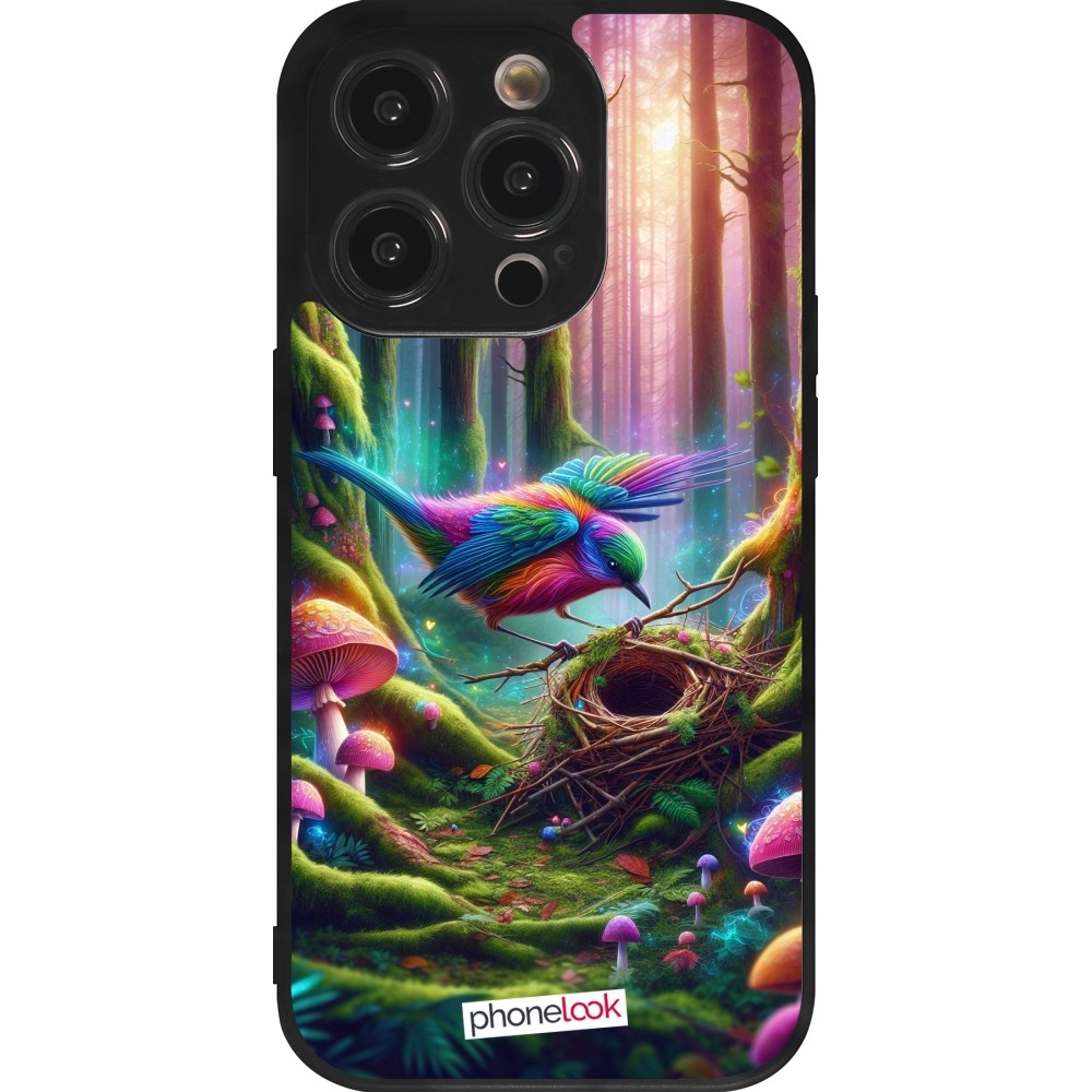 Coque iPhone 14 Pro - Silicone rigide noir Oiseau Nid Forêt