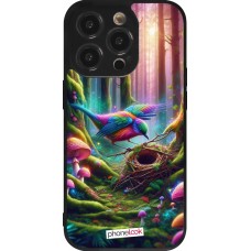 Coque iPhone 14 Pro - Silicone rigide noir Oiseau Nid Forêt