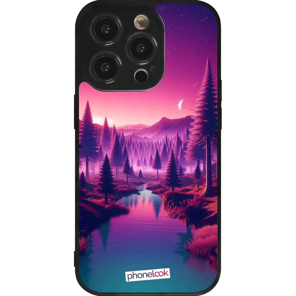 Coque iPhone 14 Pro - Silicone rigide noir Paysage Violet-Rose