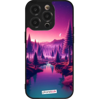 Coque iPhone 14 Pro - Silicone rigide noir Paysage Violet-Rose