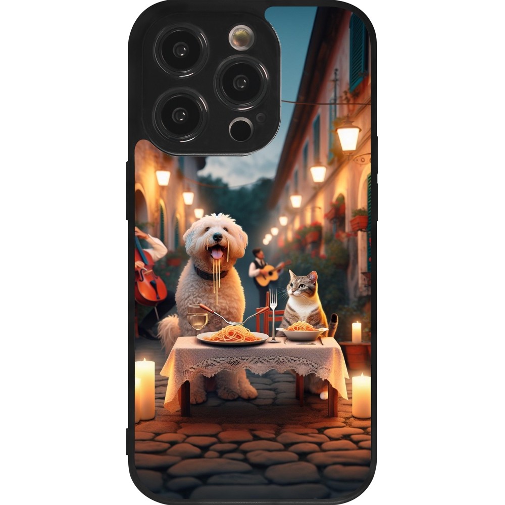 Coque iPhone 14 Pro - Silicone rigide noir Valentine 2024 Dog & Cat Candlelight