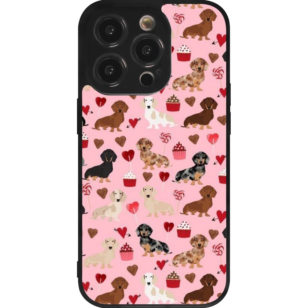 Coque iPhone 14 Pro - Silicone rigide noir Valentine 2024 puppy love