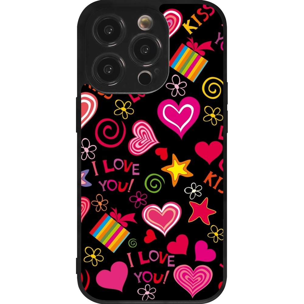 Coque iPhone 14 Pro - Silicone rigide noir Valentine 2023 love symbols