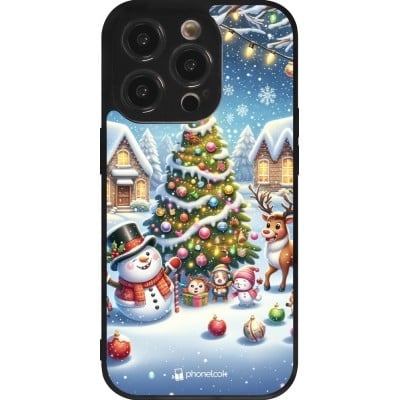 Coque iPhone 14 Pro - Silicone rigide noir Noël 2023 bonhomme de neige et sapin