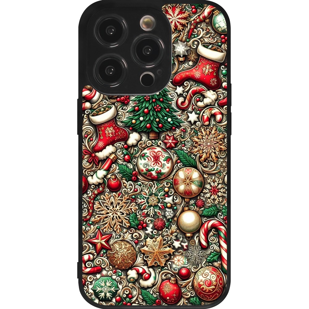 Coque iPhone 14 Pro - Silicone rigide noir Noël 2023 micro pattern