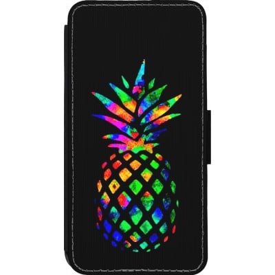 Coque iPhone 14 Pro - Wallet noir Ananas Multi-colors