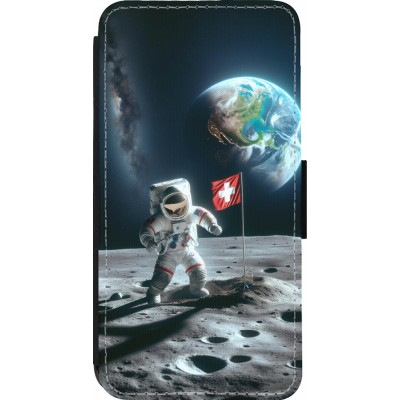 Coque iPhone 14 Pro - Wallet noir Astro Suisse sur lune