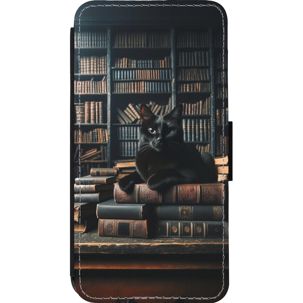 Coque iPhone 14 Pro - Wallet noir Chat livres sombres