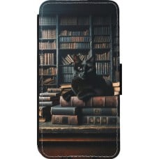 Coque iPhone 14 Pro - Wallet noir Chat livres sombres