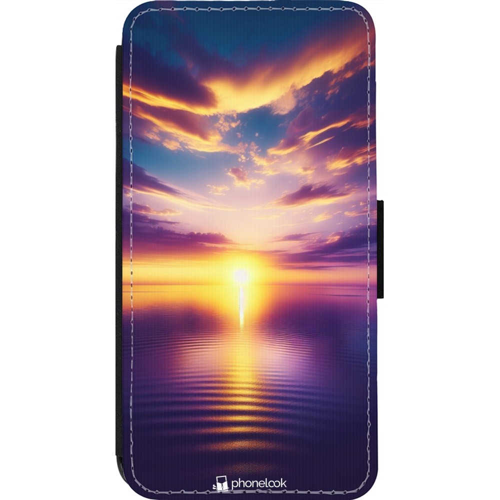 Coque iPhone 14 Pro - Wallet noir Coucher soleil jaune violet