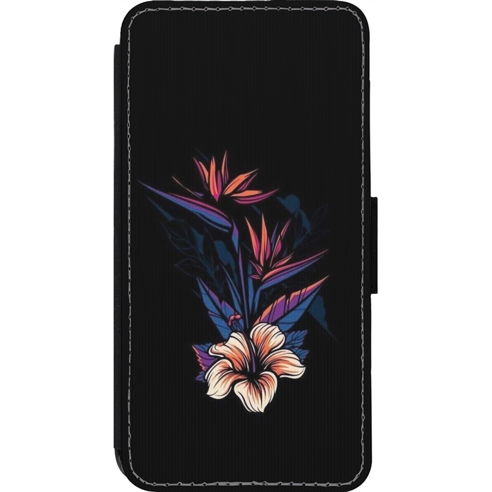 Coque iPhone 14 Pro - Wallet noir Dark Flowers