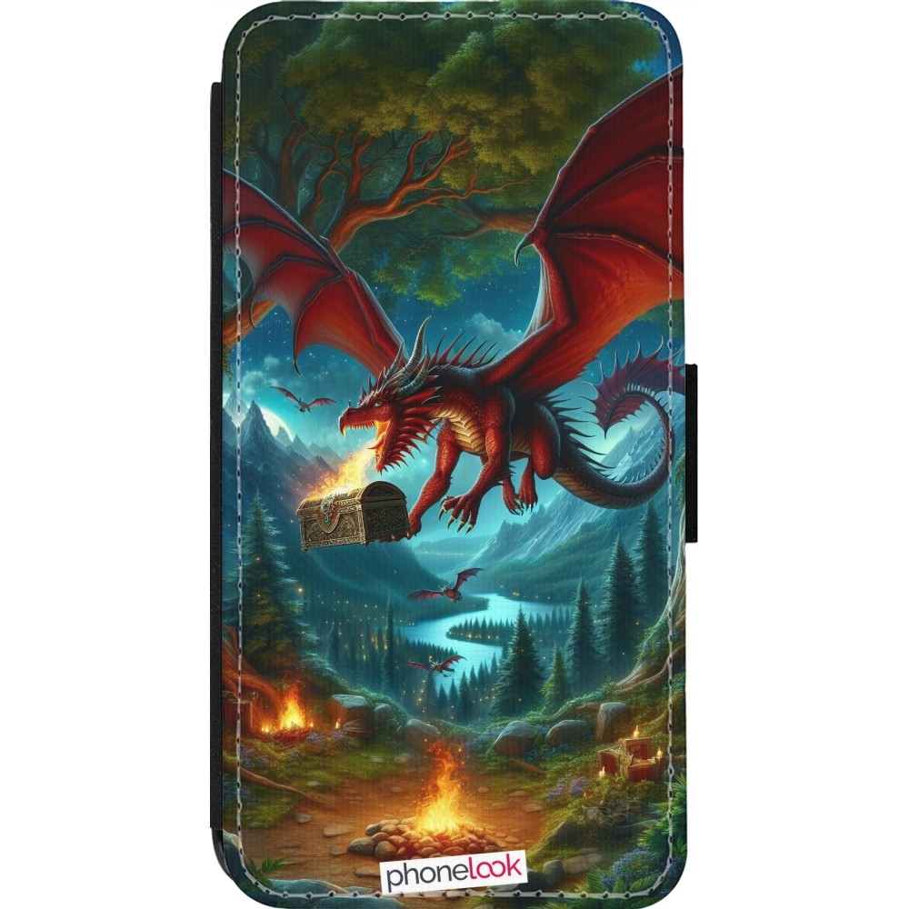 Coque iPhone 14 Pro - Wallet noir Dragon Volant Forêt Trésor