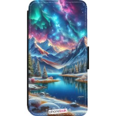 Coque iPhone 14 Pro - Wallet noir Fantasy Mountain Lake Sky Stars