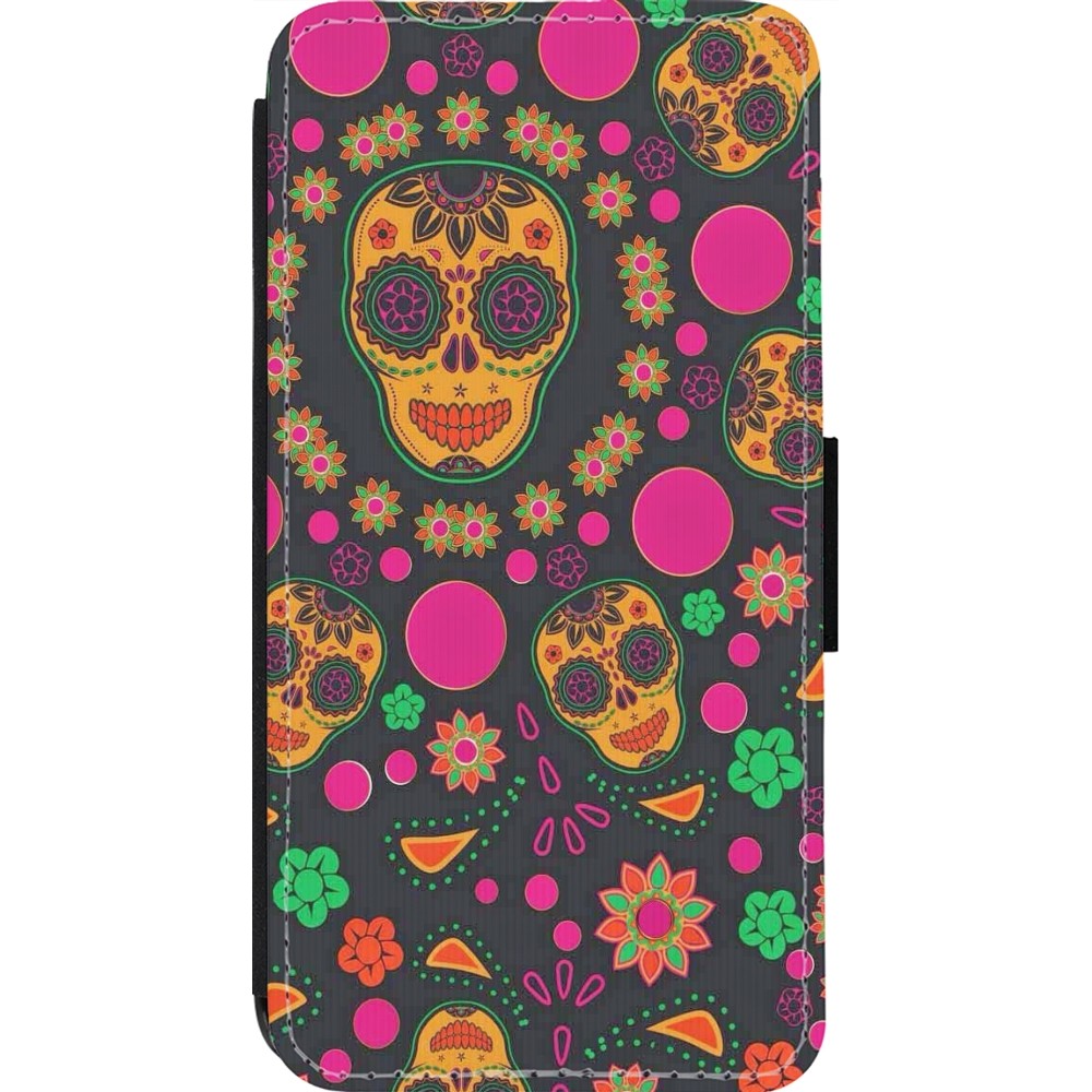 Coque iPhone 14 Pro - Wallet noir Halloween 22 colorful mexican skulls