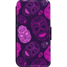 Coque iPhone 14 Pro - Wallet noir Halloween 2023 pink skulls