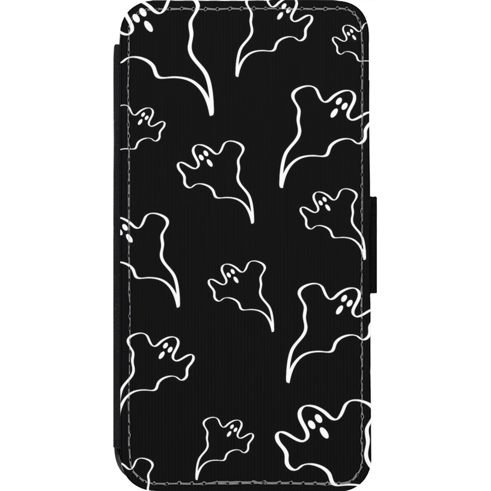 Coque iPhone 14 Pro - Wallet noir Halloween 2024 black and white ghosts