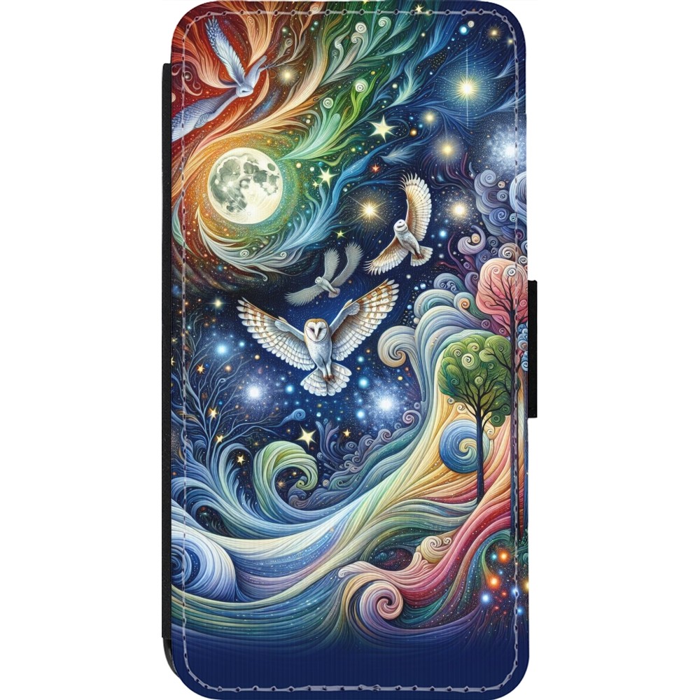 Coque iPhone 14 Pro - Wallet noir hibou volant floral