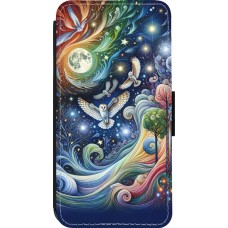 Coque iPhone 14 Pro - Wallet noir hibou volant floral