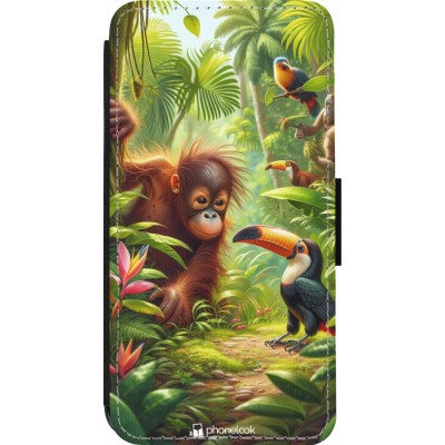 Coque iPhone 14 Pro - Wallet noir Jungle Tropicale Tayrona