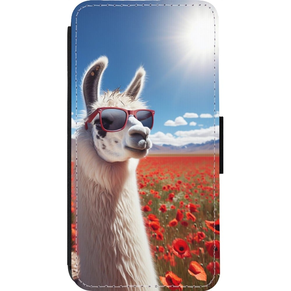 Coque iPhone 14 Pro - Wallet noir Lama Chic en Coquelicot