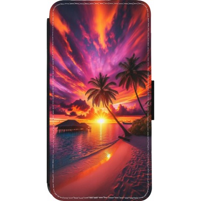 Coque iPhone 14 Pro - Wallet noir Maldives Dusk Bliss