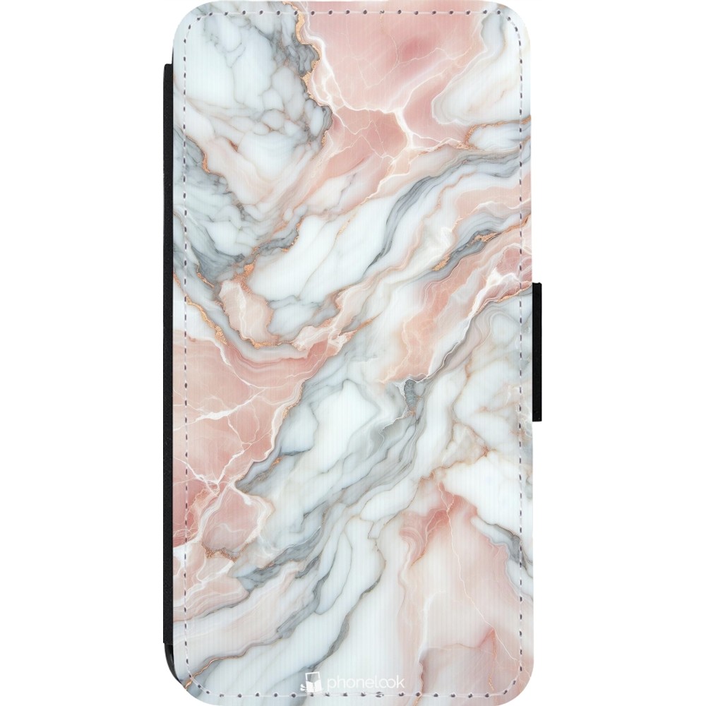 Coque iPhone 14 Pro - Wallet noir Marbre Rose Lumineux