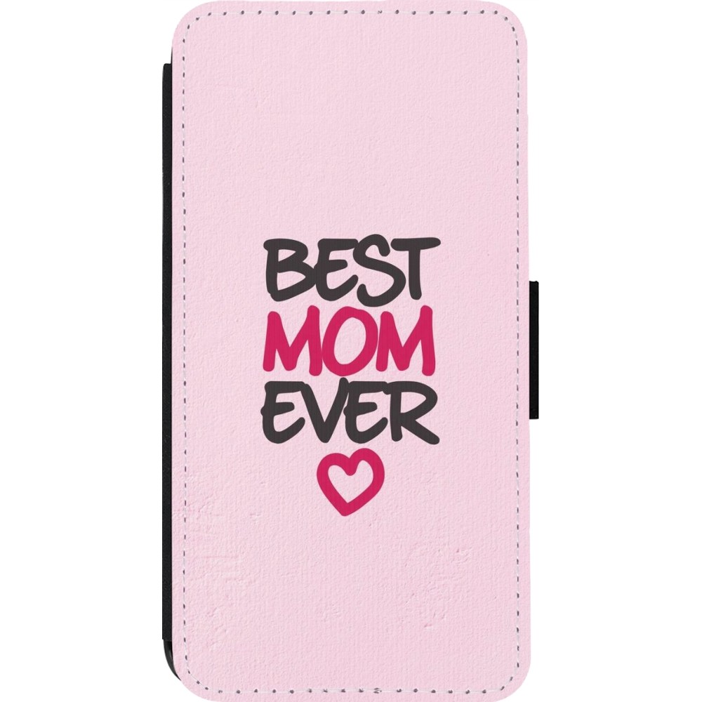 Coque iPhone 14 Pro - Wallet noir Mom 2023 best Mom ever pink