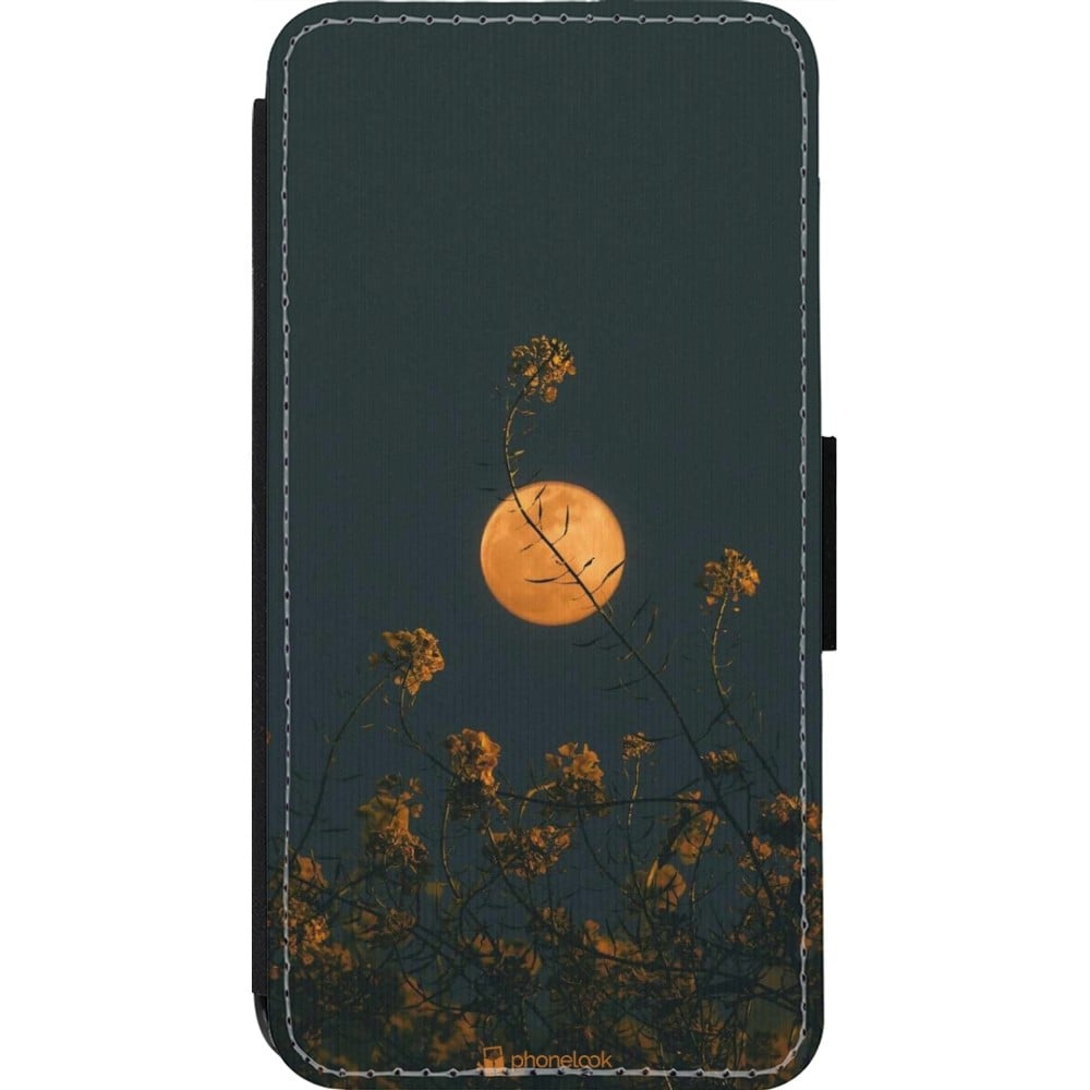 Coque iPhone 14 Pro - Wallet noir Moon Flowers