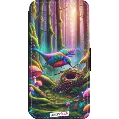 Coque iPhone 14 Pro - Wallet noir Oiseau Nid Forêt