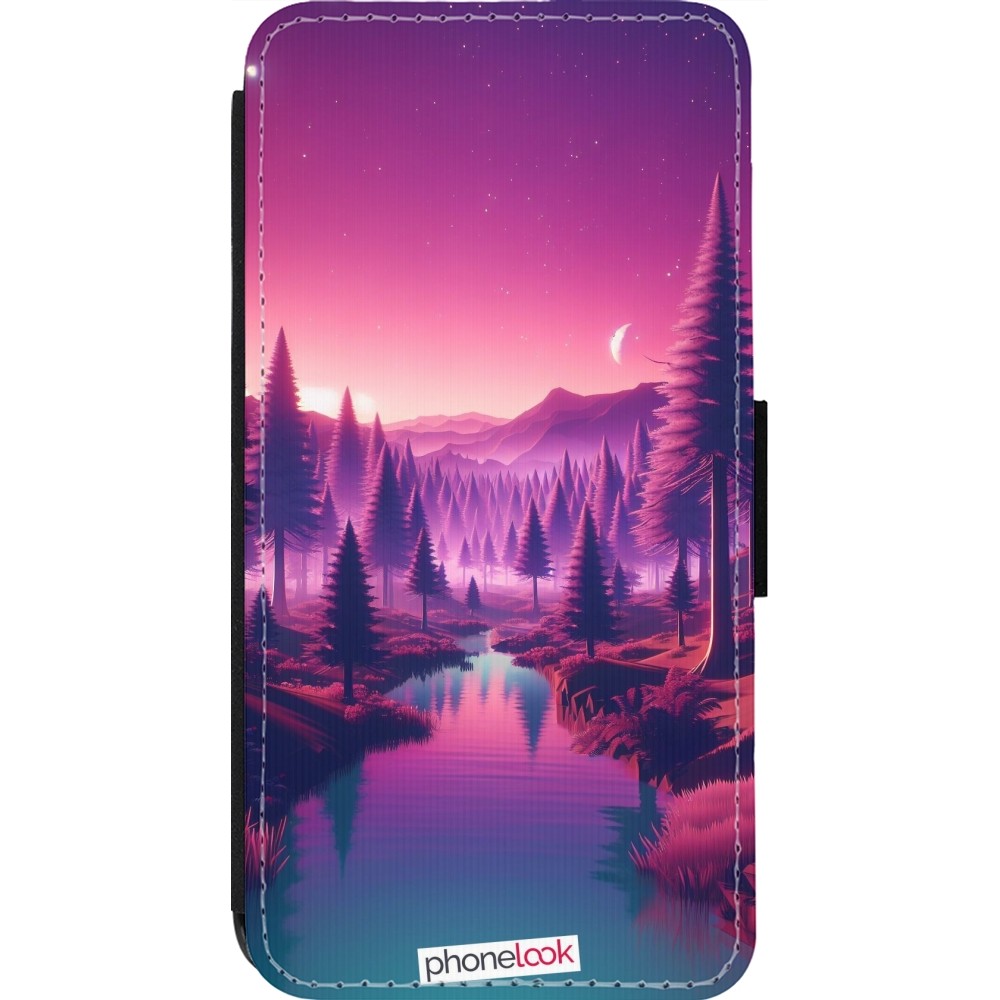 Coque iPhone 14 Pro - Wallet noir Paysage Violet-Rose