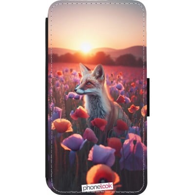 Coque iPhone 14 Pro - Wallet noir Renard pourpre au crépuscule