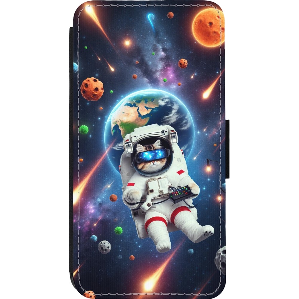 Coque iPhone 14 Pro - Wallet noir VR SpaceCat Odyssey