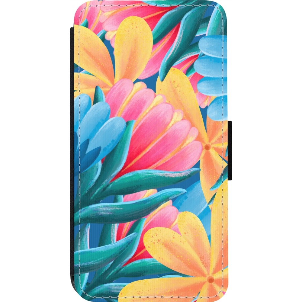 Coque iPhone 14 Pro - Wallet noir Spring 23 colorful flowers