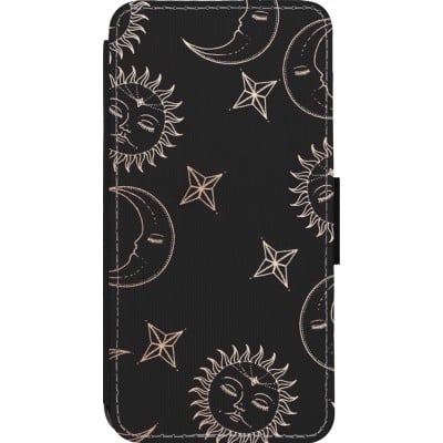 Coque iPhone 14 Pro - Wallet noir Suns and Moons