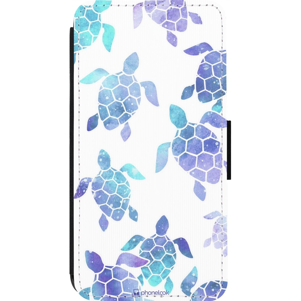 Coque iPhone 14 Pro - Wallet noir Turtles pattern watercolor