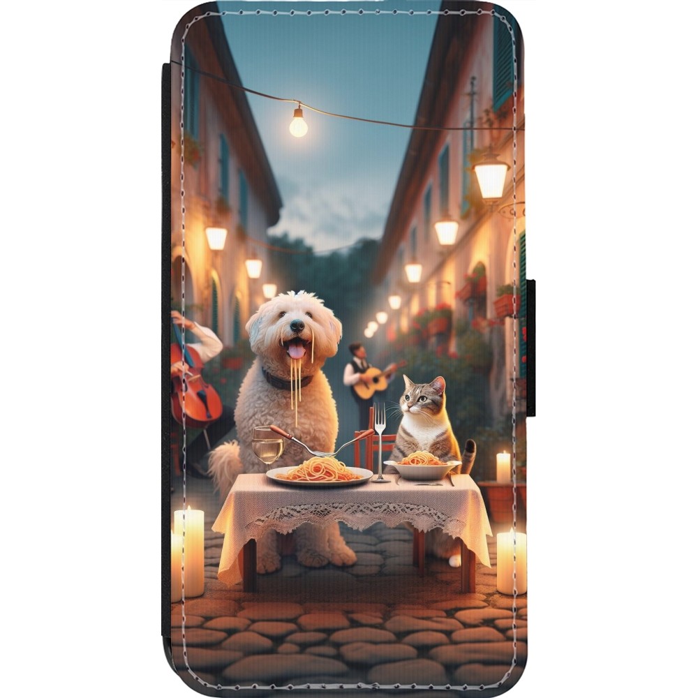 Coque iPhone 14 Pro - Wallet noir Valentine 2024 Dog & Cat Candlelight