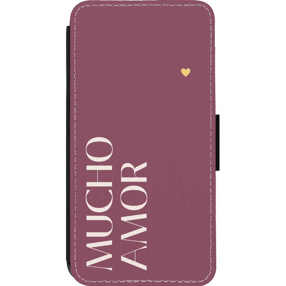 Coque iPhone 14 Pro - Wallet noir Valentine 2024 mucho amor rosado