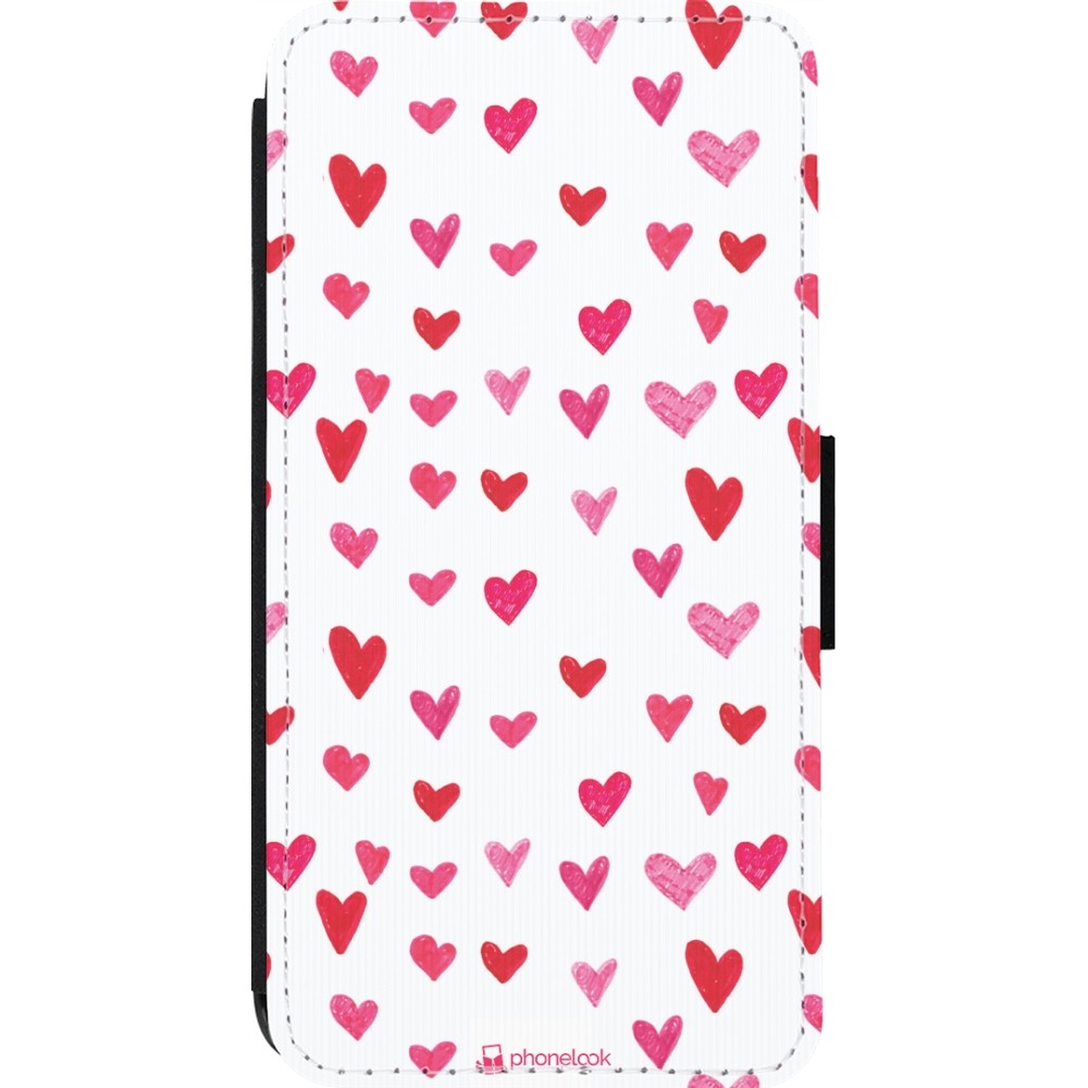 Coque iPhone 14 Pro - Wallet noir Valentine 2022 Many pink hearts