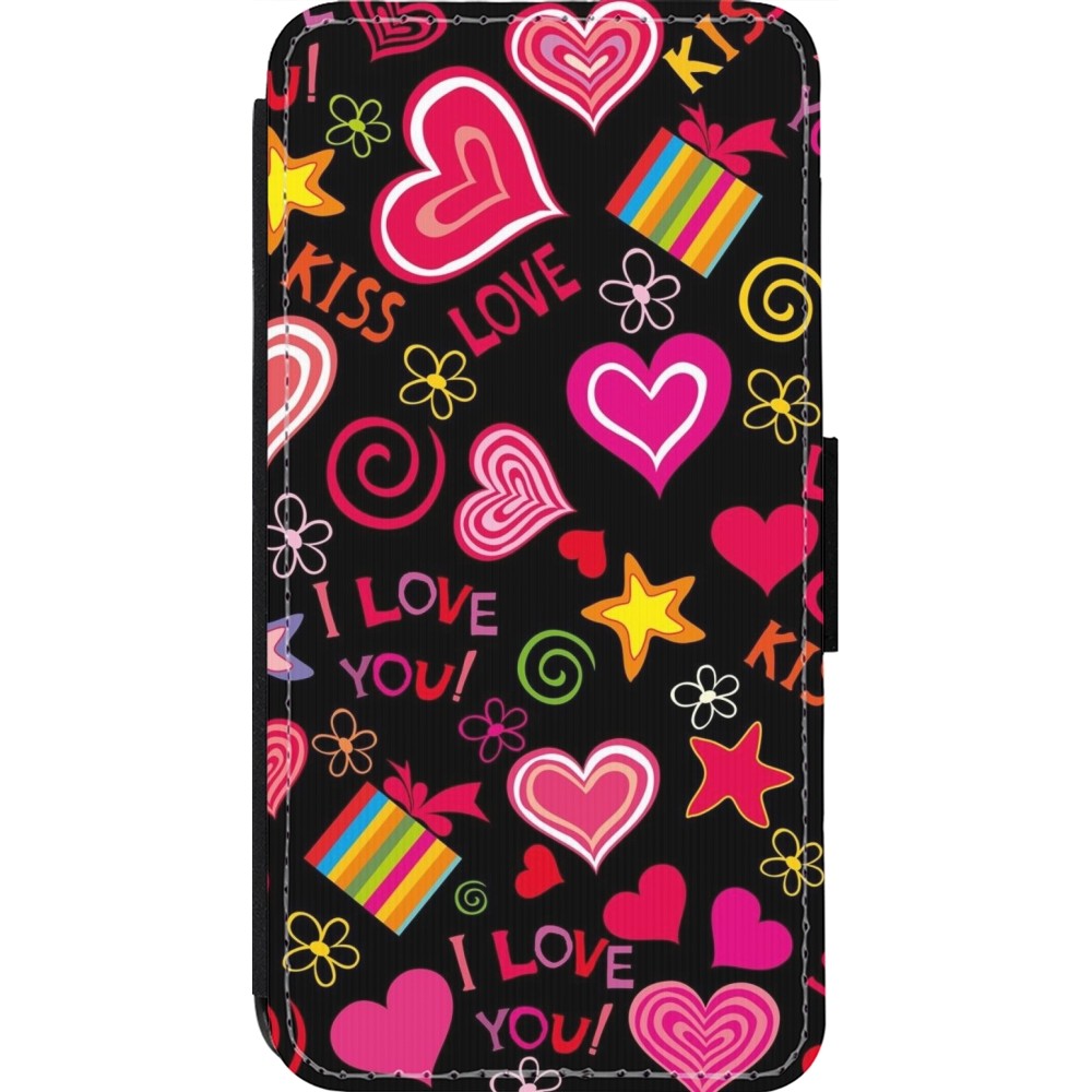 Coque iPhone 14 Pro - Wallet noir Valentine 2023 love symbols