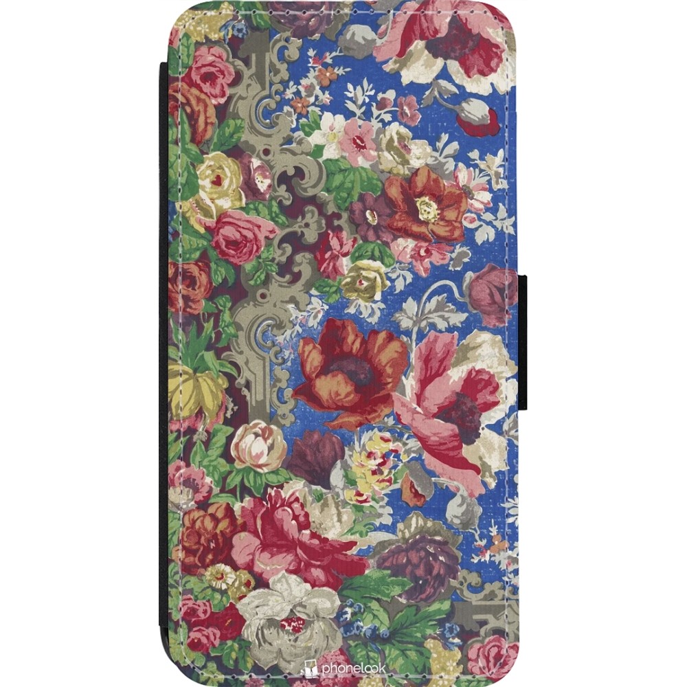 Coque iPhone 14 Pro - Wallet noir Vintage Art Flowers