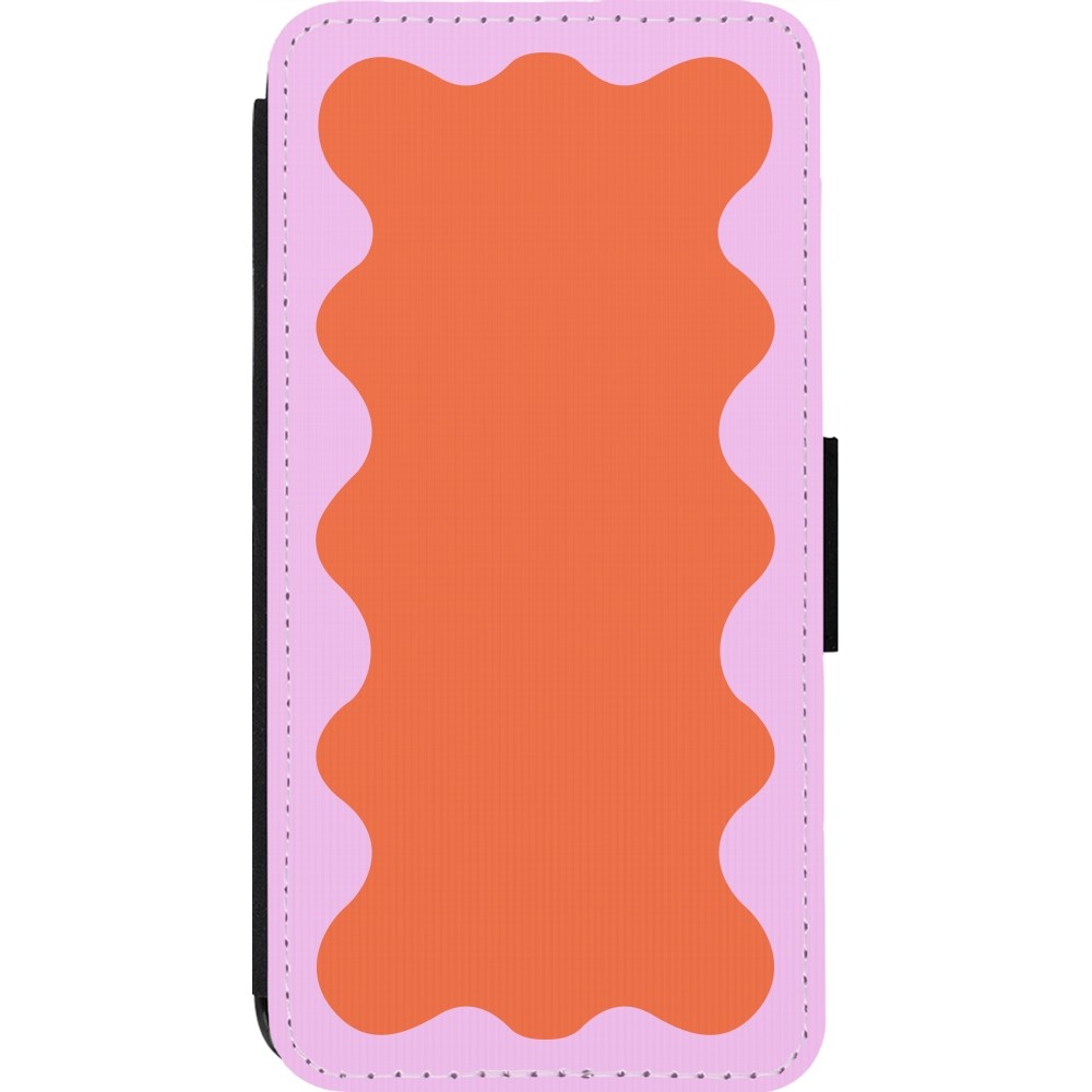 Coque iPhone 14 Pro - Wallet noir Wavy Rectangle Orange Pink