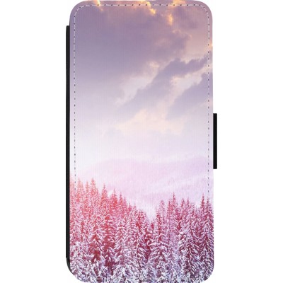 Coque iPhone 14 Pro - Wallet noir Winter 22 Pink Forest