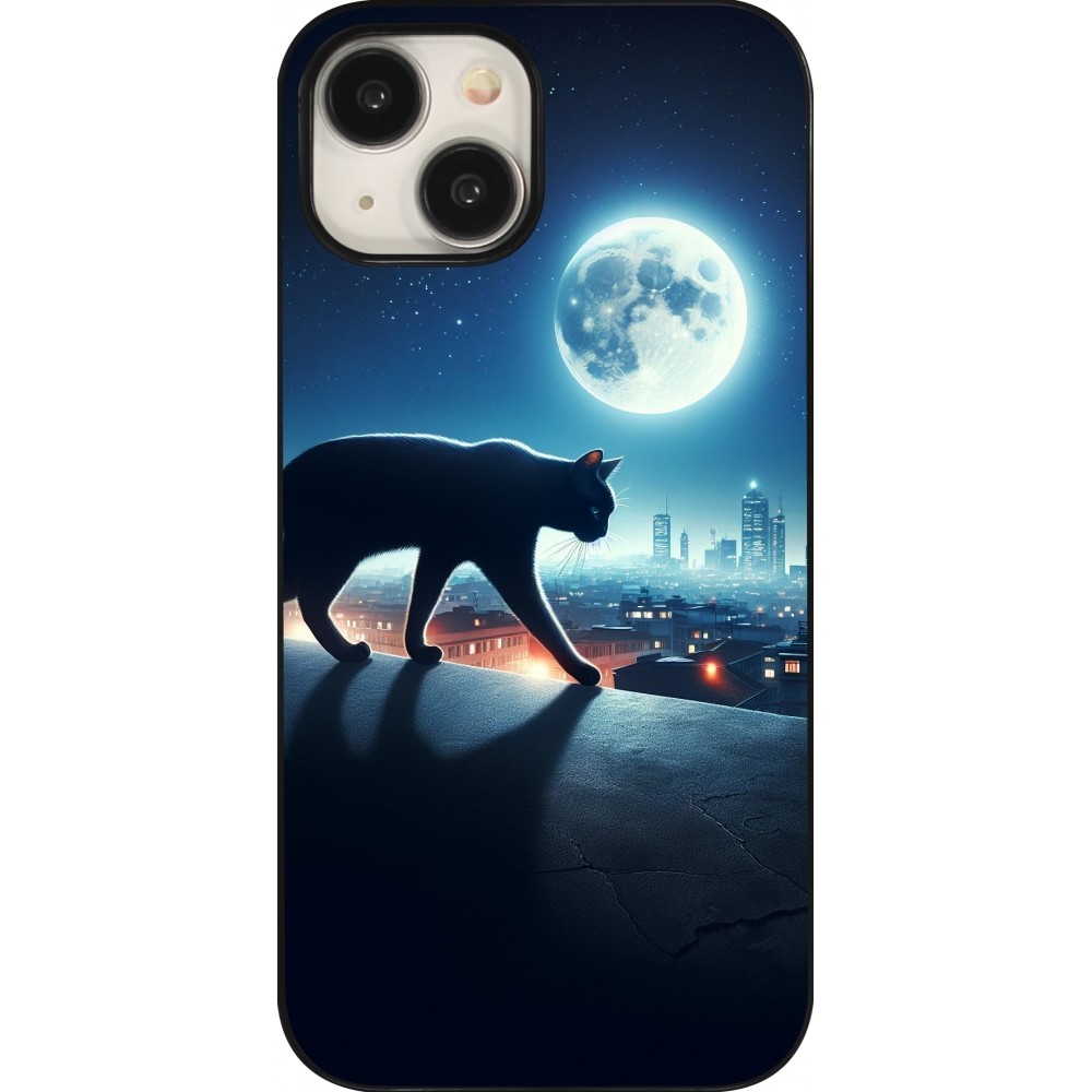 Coque iPhone 15 - Chat noir sous la pleine lune