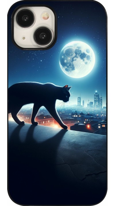 Coque iPhone 15 - Chat noir sous la pleine lune