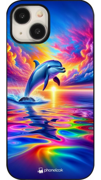 Coque iPhone 15 - Dauphin arc-en-ciel heureux