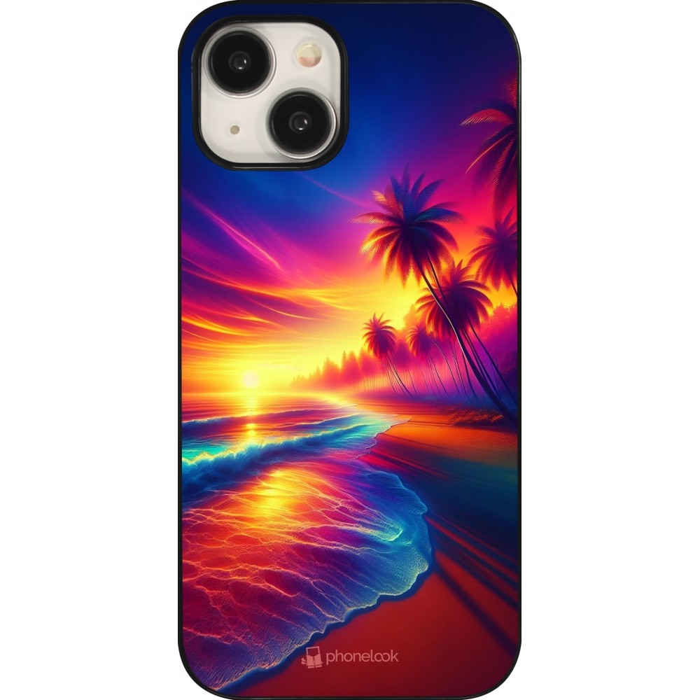 Coque iPhone 15 - Plage coucher soleil flashy