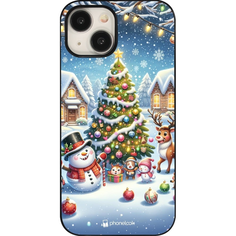 Coque iPhone 15 - Noël 2023 bonhomme de neige et sapin