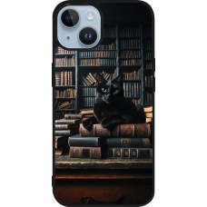 Coque iPhone 15 - Silicone rigide noir Chat livres sombres