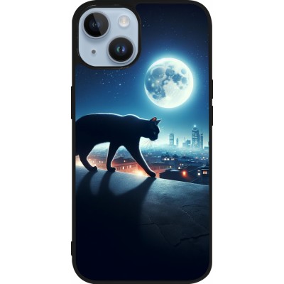 Coque iPhone 15 - Silicone rigide noir Chat noir sous la pleine lune