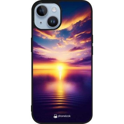 Coque iPhone 15 - Silicone rigide noir Coucher soleil jaune violet